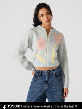 Steve Madden Jena Cardigan Light Blue Floral Zip-Front Sweater